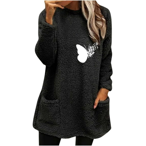 IROINNID Fall Shirts for Women Long Sleeve Tops Winter Warm Loose Fit Solid Plush Crewneck Long Pullover Thermal Casual Tops Homewear with Pocket,Black