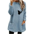 thumbnail image 1 of IROINNID Fall Shirts for Women Long Sleeve Tops Winter Warm Loose Fit Solid Plush Crewneck Long Pullover Thermal Casual Tops Homewear with Pocket,Light Blue, 1 of 4