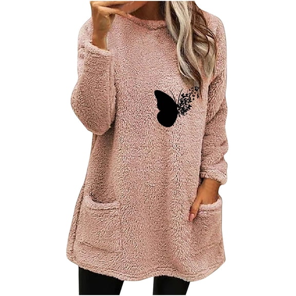 IROINNID Fall Shirts for Women Long Sleeve Tops Winter Warm Loose Fit Solid Plush Crewneck Long Pullover Thermal Casual Tops Homewear with Pocket,Pink