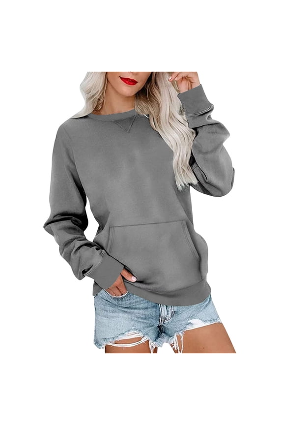 Fall Shirts for Women Long Sleeve Tops Solid Loose All-match Round-Neck Pullover Casual Sweater Tops with Pocket,Gray