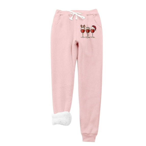 IROINNID Savings Fleece Sweatpants for Women Fleece Christmas Wine Glass Print Leggings Drawstring Waist Thick Warm Elastic Pants with Pockets,Pink