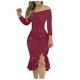 thumbnail image 1 of IROINNID Formal Dress for Women Wedding Guest Evening Party Formal Dress Solid Color Sequins High Waist Mid Length Wrap Chest Style Winter Dress Evening Dress,Burgundy, 1 of 4