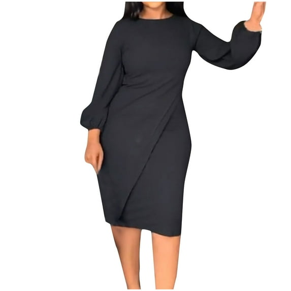 IROINNID Savings Formal Dress for Women Wedding Guest Evening Party Formal Dress Fall Comfortable Long Sleeve Round-Neck Knee-High Dress,Black