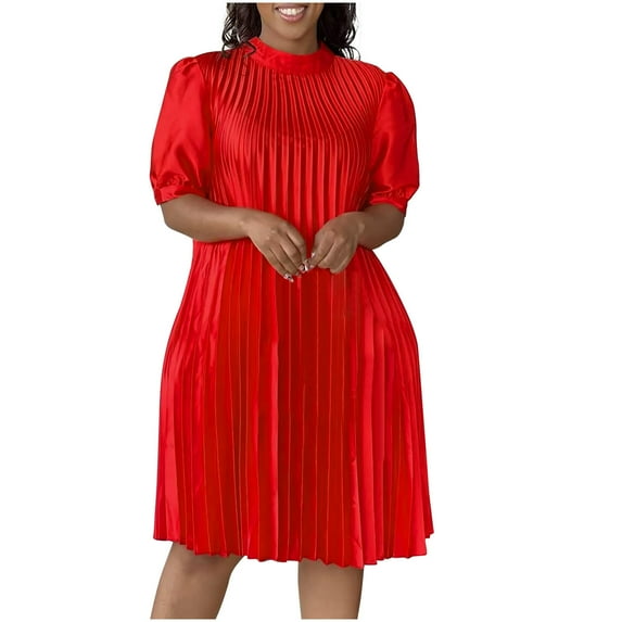 IROINNID Savings Formal Dress for Women Wedding Guest Homecoming Party Elegant Color Round Neck Fold Puff Sleeve Dress,Red