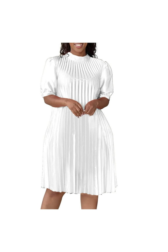 Formal Dress for Women Wedding Guest Homecoming Party Elegant Color Round Neck Fold Puff Sleeve Dress,White