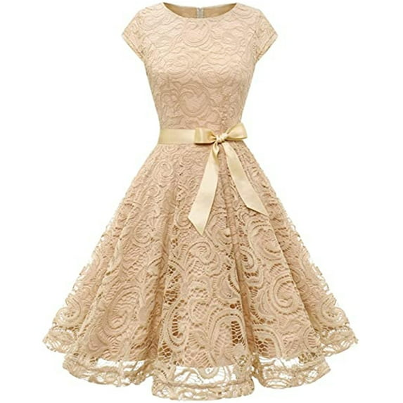 IROINNID Formal Dress for Women Wedding Guest Homecoming Party Trendy Lace Short Sleeves Cocktail Prom Ballgown Vintage Dress,Beige