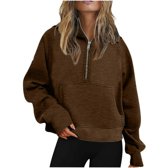 IROINNID Hoodie for Women Solid Casual Pullover Loose Long Sleeve Fall Basic Tops with Zipper Pocket,Brown