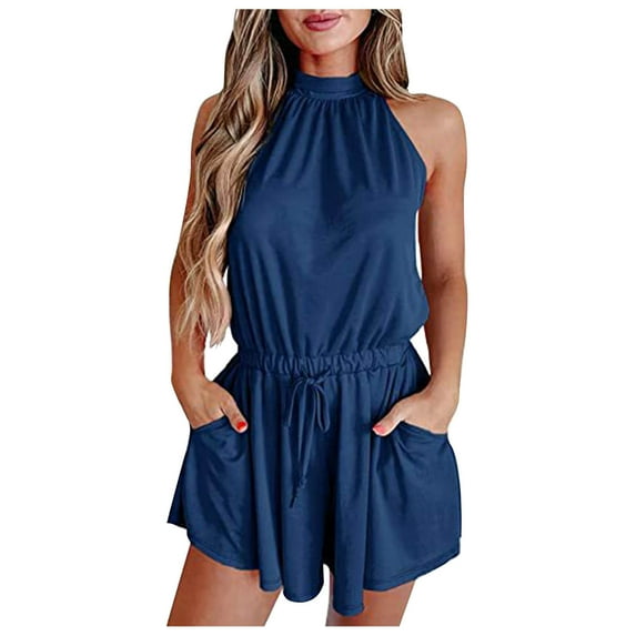 IROINNID Savings Jumpsuit Shorts for Women Summer Hanging Neck Open Shoulder Open Back Jumpsuit Shorts,Blue
