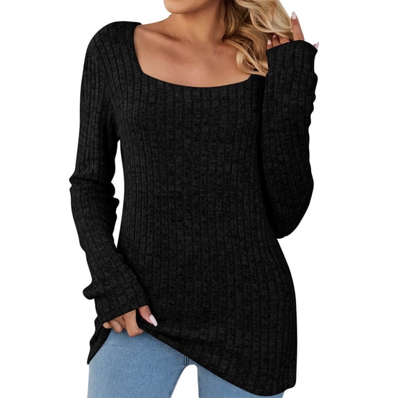 IROINNID Ladies Long Sleeve T Shirts Winter Square Neck Tops Solid Regular Blouse,Black