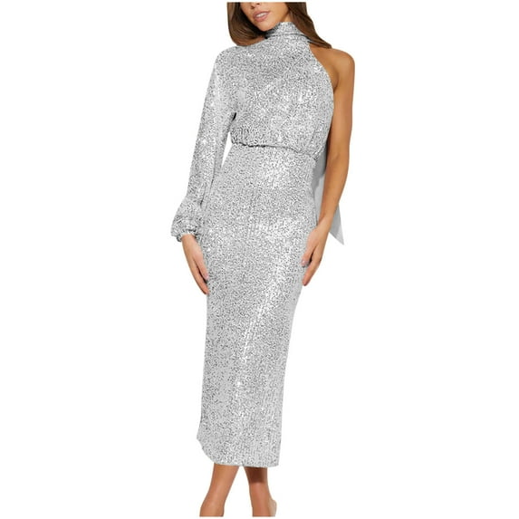 IROINNID Savings Long Dress for Women Formal Wedding Guest Formal Dress Sequin Design Scarf Slit Evening Gown Single Shoulder Bead Skirt,White