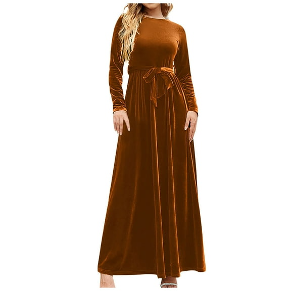 IROINNID Long Dress for Women Formal Wedding Guest Formal Dress Winter Long Sleeve Crew Neck Solid Color Slim And Vintage Dress,Brown