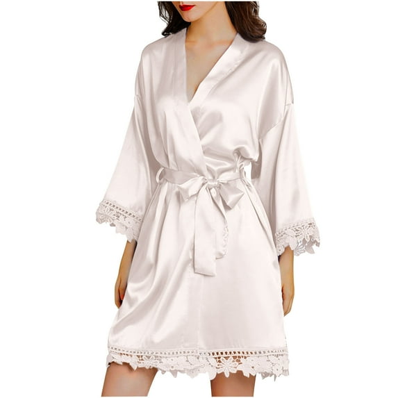 IROINNID Long Sleeve Dress for Women Wedding Guest Dresses Mid-Length Wrap Dress Homewear Long-Sleeve V-Neck Dress Color Lace Night-Robe One Size,White