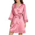 thumbnail image 1 of IROINNID Savings Long Sleeve Dress for Women Wedding Guest Dresses Mid-Length Wrap Dress Homewear Long-Sleeve V-Neck Dress Color Lace Night-Robe One Size,Watermelon Red, 1 of 8