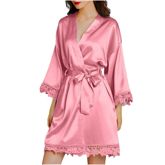 IROINNID Savings Long Sleeve Dress for Women Wedding Guest Dresses Mid-Length Wrap Dress Homewear Long-Sleeve V-Neck Dress Color Lace Night-Robe One Size,Watermelon Red
