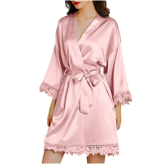 IROINNID Savings Long Sleeve Dress for Women Wedding Guest Dresses Mid-Length Wrap Dress Homewear Long-Sleeve V-Neck Dress Color Lace Night-Robe One Size,Pink