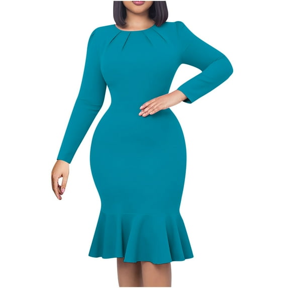 IROINNID Savings Long Sleeve Dress for Women Knee-Length Sheath Dress Slim Waist Dress Long Sleeve Solid Color Dress,Green