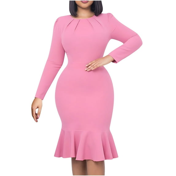 IROINNID Savings Long Sleeve Dress for Women Knee-Length Sheath Dress Slim Waist Dress Long Sleeve Solid Color Dress,Pink