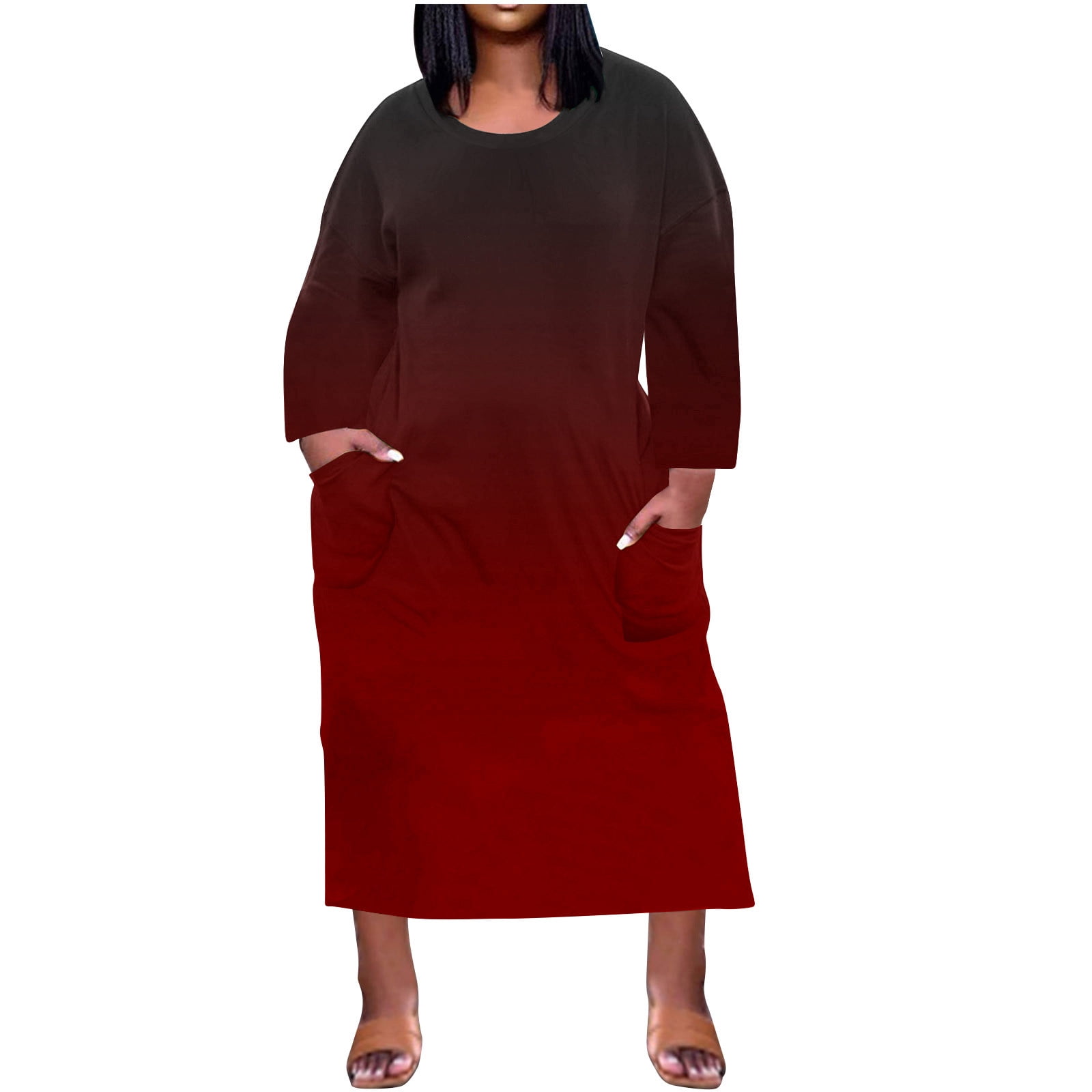 IROINNID Long Sleeve Dress for Women Plus Size Dress Full-Length Shift Dress  Round-Neck Loose Fit Dress,Burgundy - Walmart.com