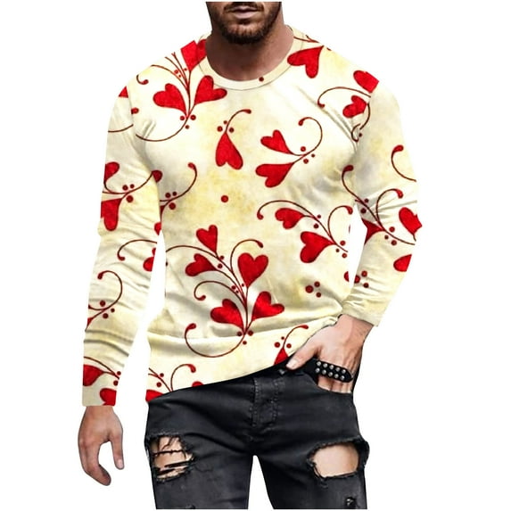 IROINNID Savings Long Sleeve Pullover Shirts for Men Comfy New Valentine's Day 3D Printed T-shirt Round Neck Undercoat Top Blouses,White