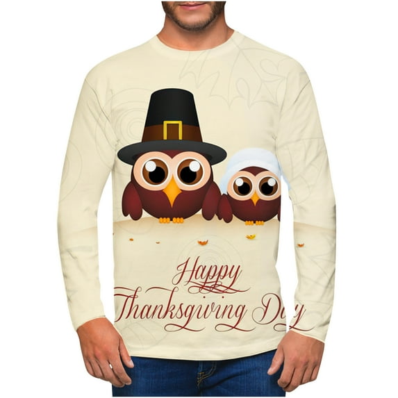 IROINNID Savings Long Sleeve Pullover Shirts for Men Comfy Round Neck Thanksgiving Day 3D Printed Realistic Print T-Shirt,Brown