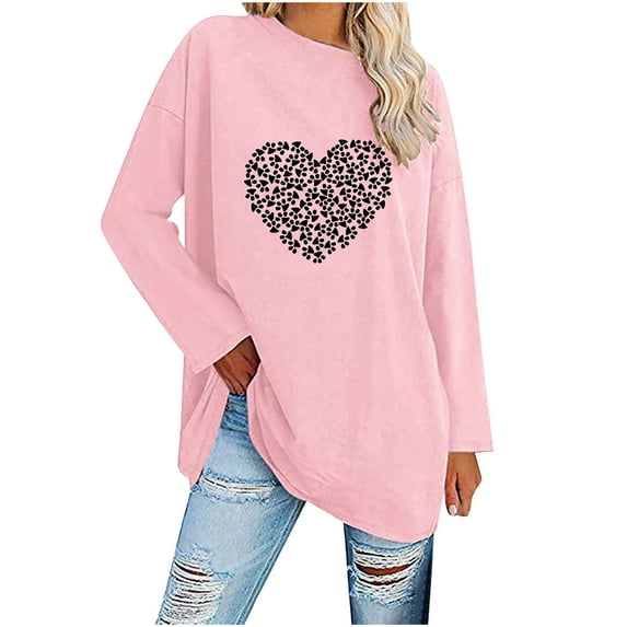 IROINNID Savings Long Sleeve T-Shirts for Women Classic Floral Print Crewneck Loose Tops Blouses Shirt,Pink