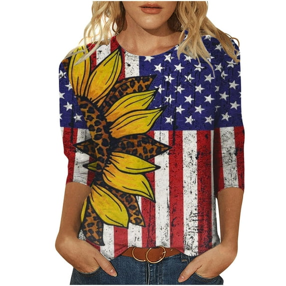 IROINNID Savings Long Sleeve T-Shirts for Women Independence Day Printed T-shirt 3/4 Sleeves Blouse Round Neck Lounge Tops,Yellow