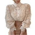 thumbnail image 1 of IROINNID Long Sleeve T-Shirts for Women Home Solid Color V-neck Fashion Lace Top,Beige, 1 of 9