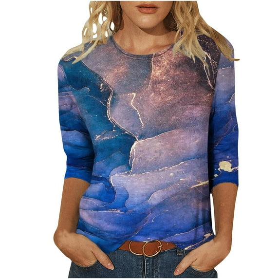 IROINNID Savings Long Sleeve T-Shirts for Women Printed Loose Retro T-shirt Mid-length 3/4 Sleeves Blouse Round Neck Lounge Tops,Blue