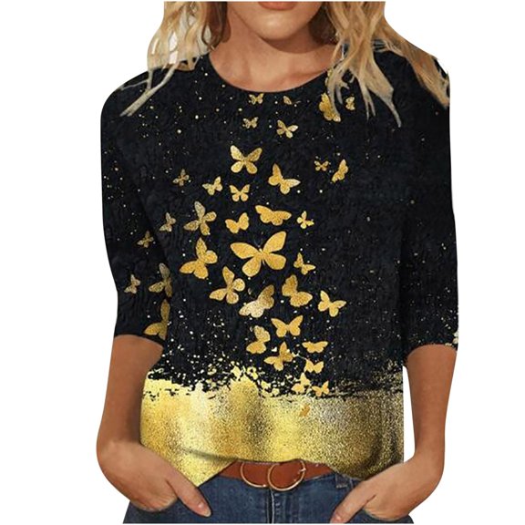 IROINNID Long Sleeve T-Shirts for Women Printed T-shirt 3/4 Sleeves Blouse Round Neck Home Tops,Yellow