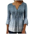 thumbnail image 1 of IROINNID Long Sleeve T-Shirts for Women Summer V-Neck 3/4 Sleeve Print Home T-shirt Blouse,Blue, 1 of 5