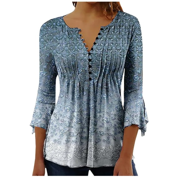 IROINNID Long Sleeve T-Shirts for Women Summer V-Neck 3/4 Sleeve Print Home T-shirt Blouse,Blue