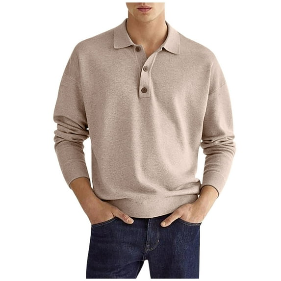 IROINNID Savings Mens Pullover Shirts Long Sleeve Solid Turndown Pullover Button Blouse,Khaki