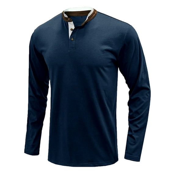 IROINNID Savings Mens Pullover Shirts Long Sleeve Stand-up Collar Stitching T-shirt Long-sleeved Pullover Stand-up Collar Collar Blouse Tops,Dark Blue