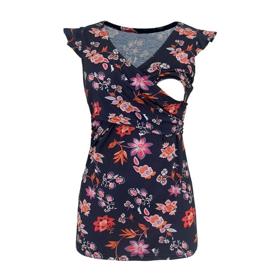 IROINNID Nursing Tank for Women Stripe Flowers Print Sleeveless Maternity Breastfeeding Clothe Top Vest,Dark Blue