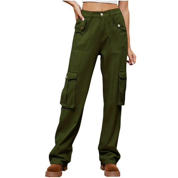 IROINNID Pants for Women Cargo High Waist Loose Fit Classic Outdoor Straight Leg Cargo Pants with Multiple Pockets,Olive Green