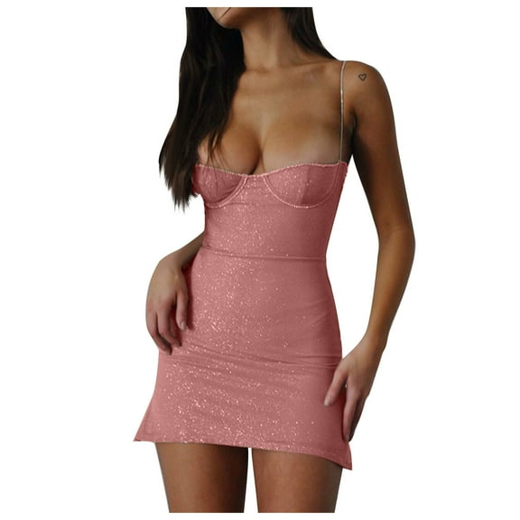 IROINNID Party Dresses for Women Holiday Night Summer Glitter Brightens Drill Backless Solid Mini Dress,Pink