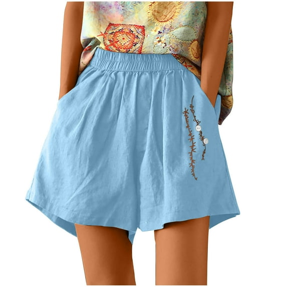 IROINNID Savings Plus Size Cotton Shorts for Women Summer High Waist Linen Embroidery Short Wide Leg Shorts With Pockets,Blue
