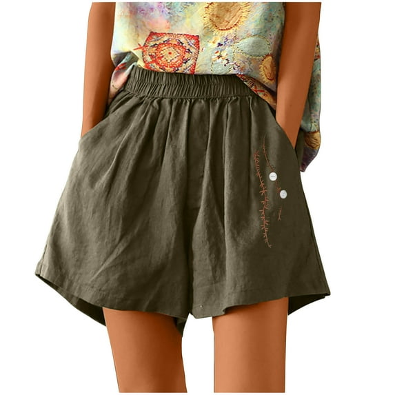 IROINNID Savings Plus Size Cotton Shorts for Women Summer High Waist Linen Embroidery Short Wide Leg Shorts With Pockets,Green