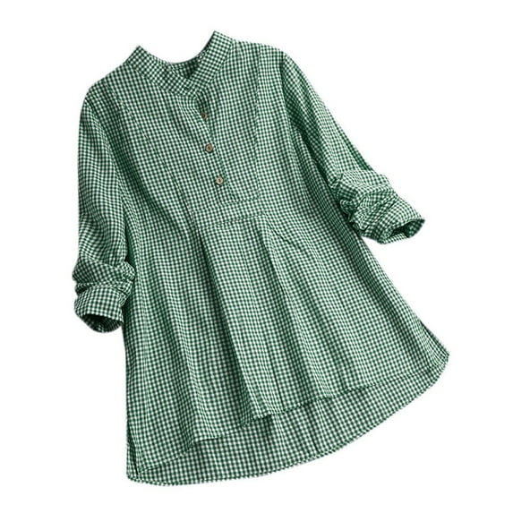 IROINNID Plus Size Shirts for Women Leisure Long Sleeve Loose Button Plaid Shirt Ladies Tops T-Shirt Blouse,Green