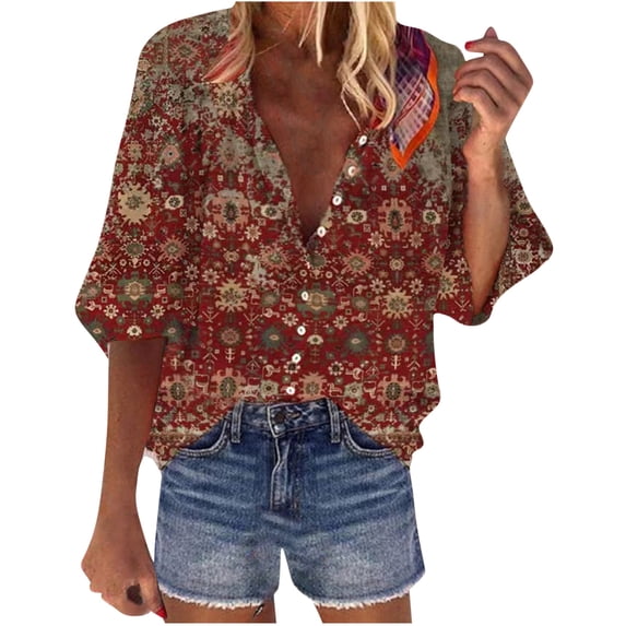 IROINNID Plus Size Shirts for Women Leisure Loose V-Neck 3/4 Sleeve Printed Front Button Cardigan Shirt Tops T-shirt,Red