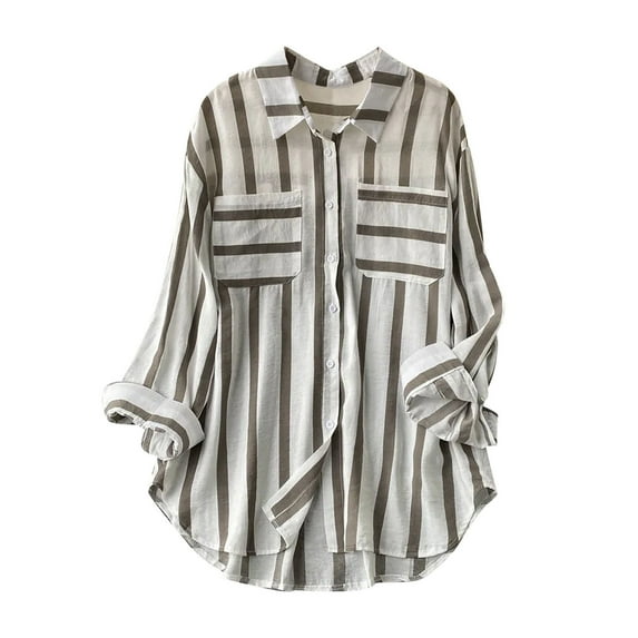 IROINNID Plus Size Shirts for Women Leisure Summer Mid-length Vertical Striped Multi-colored Shirt,Khaki
