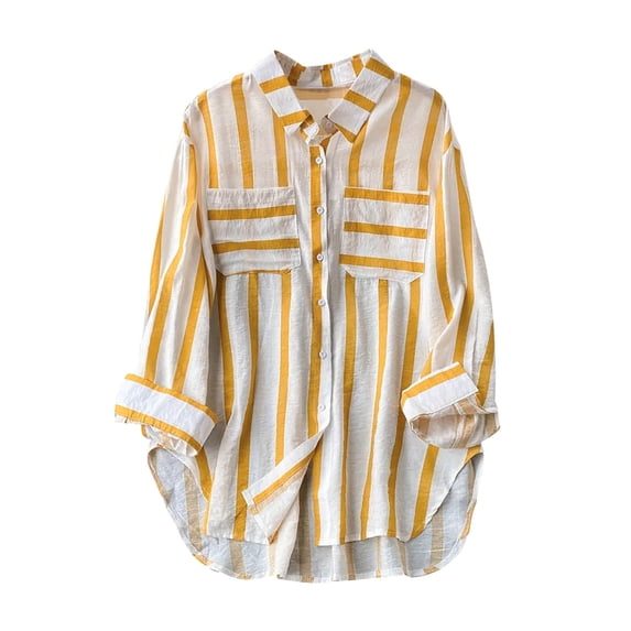 IROINNID Savings Plus Size Shirts for Women Leisure Summer Mid-length Vertical Striped Multi-colored Shirt,Yellow