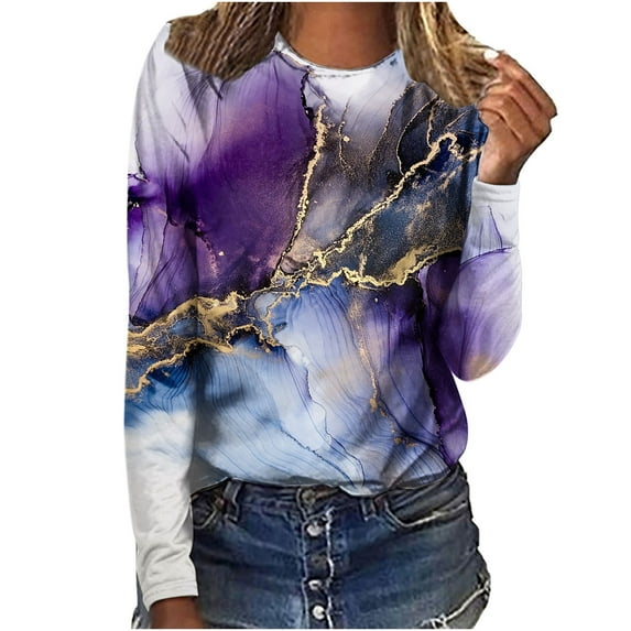 IROINNID Savings Polyester Long Sleeve T Shirt for Women Leisure Ladies Round Neck Loose Tops Print T-Shirts Blouse,Purple