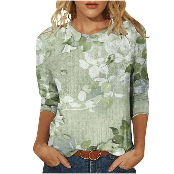 IROINNID Polyester Long Sleeve T Shirt for Women Leisure Printed Loose T-shirt Blouse Round Neck Tops,Olive Green