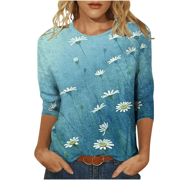 IROINNID Savings Polyester Long Sleeve T Shirt for Women Leisure Printed Loose T-shirt Blouse Round Neck Tops,Sky Blue