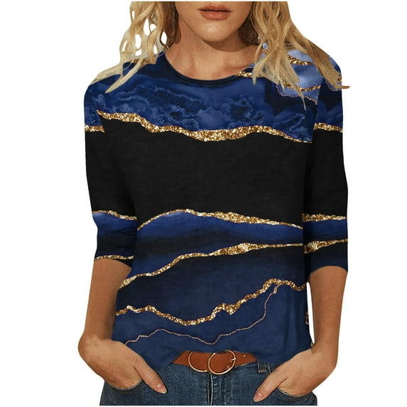 IROINNID Polyester Long Sleeve T Shirt for Women Leisure Printed T-shirt Blouse Round Neck Tops,Dark Blue