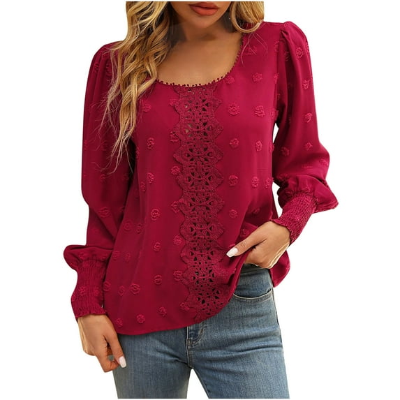 IROINNID Savings Polyester Long Sleeve T Shirt for Women Leisure Solid Color Boat Neck Lace Fashion Shirts Blouses Tops,Red