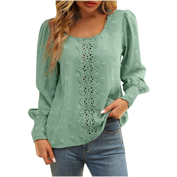 IROINNID Savings Polyester Long Sleeve T Shirt for Women Leisure Solid Color Boat Neck Lace Stitching Shirts Blouses Tops,Green