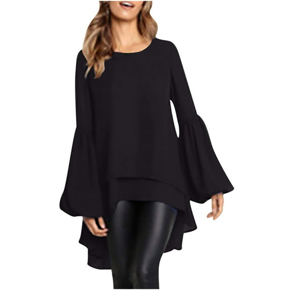 IROINNID Savings Polyester Long Sleeve T Shirt for Women Leisure Solid Color Irregular Pullover Boat Neck Lantern Tops,Black