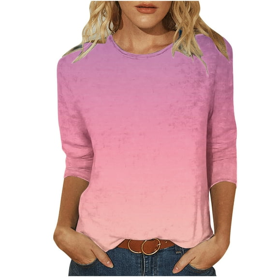 IROINNID Savings Polyester Long Sleeve T Shirt for Women Leisure Spring Printed Mid-length Sleeves Round Neck Tee Tops,Hot Pink
